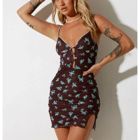Women's Yakinta Mini Dress in Femme Floral Blue and Brown, XS , Bodycon